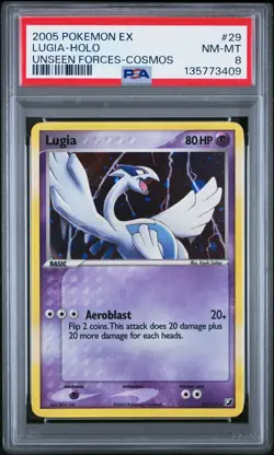2005 POKEMON EX UNSEEN FORCES COSMOS #29 LUGIA-HOLO PSA 8 - Image 1