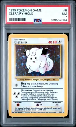1999 POKEMON BASE SET UNLIMITED #5 CLEFAIRY-HOLO PSA 7 - Image 1