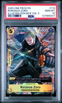 2025 ONE PIECE PROMOS ILLUSTRATION BOX VOL.3 #113 RORONOA ZORO PSA 10 - Image 1