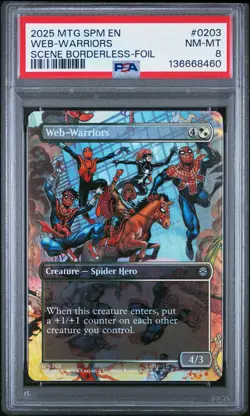 2025 MTG MARVEL'S SPIDER-MAN SCENE BORDERLESS-FOIL #0203 WEB-WARRIORS PSA 8 - Image 1