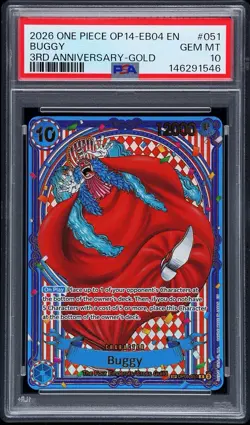 Buggy 3rd Anniversary-Gold Parallel OP09-051 SP One piece PSA 10 GEM MINT - Image 1