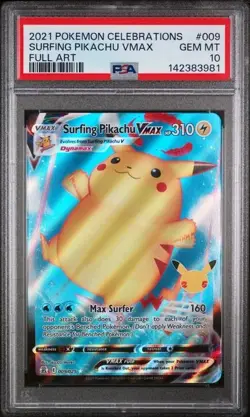 PSA 10 2021 POKEMON CELEBRATIONS #009 FULL ART/SURFING PIKACHU VMAX - Image 1