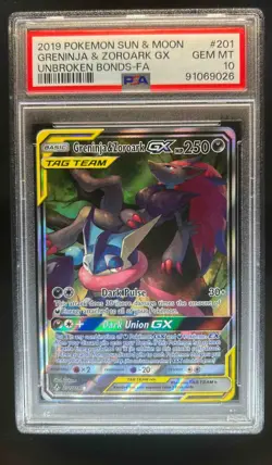 2019 Pokemon Sun & Moon Unbroken Bonds Greninja Zoroark Tag Team #201/214 PSA 10 - Image 1