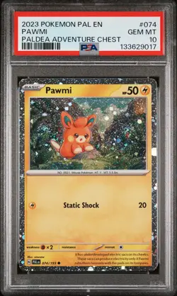 2023 POKEMON PAL EN-PALDEA EVOLVED PALDEA ADVENTURE CHEST #074 PAWMI PSA 10 - Image 1