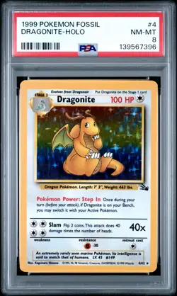 1999 POKEMON FOSSIL #4 DRAGONITE-HOLO PSA 8 - Image 1