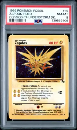 1999 POKEMON FOSSIL COSMOS-THUNDERSTORM DECK #15 ZAPDOS-HOLO PSA 8 - Image 1