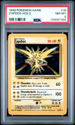 1999 POKEMON BASE SET UNLIMITED #16 ZAPDOS-HOLO PSA 8 - Image 1