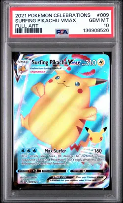 2021 POKEMON CELEBRATIONS #009 FULL ART/SURFING PIKACHU VMAX PSA 10 - Image 1