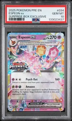 Pokemon Prismatic Evolutions Espeon ex 034/131 Surprise Box Stamped PSA 10 - Image 1