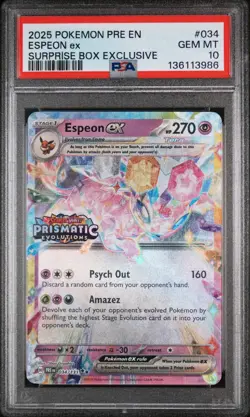 Pokemon 2025 Prismatic Evolutions Surprise Box Espeon ex 034/131 Stamped PSA 10 - Image 1