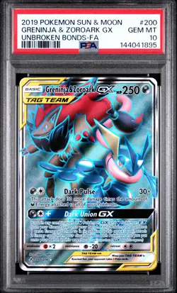 2019 POKEMON SUN & MOON UNBROKEN BONDS FULL ART/GRENINJA & ZOROARK GX PSA 10 - Image 1