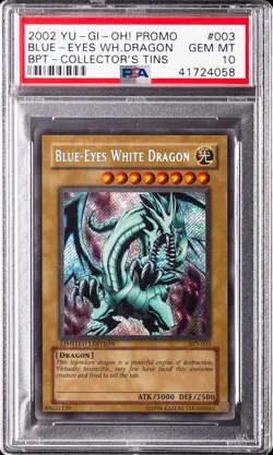 2002 YU-GI-OH! PROMO BPT-COLLECTOR'S TINS #003 BLUE-EYES WHITE DRAGON PSA 10 - Image 1