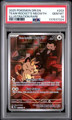 2025 POKEMON DESTINED RIVALS ILLUSTRATION RARE #203 TEAM ROCKET'S MEOWTH PSA 10 - Image 1