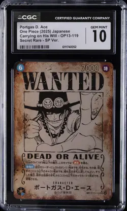 2025 ONE PIECE JPN CARRYING ON HIS WILL WANTED AA PORTGAS D. ACE CGC 10 GEM MINT - Image 1
