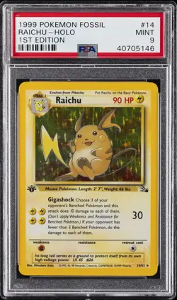 1999 POKEMON FOSSIL 1ST ED #14 RAICHU-HOLO PSA 9 - Image 1