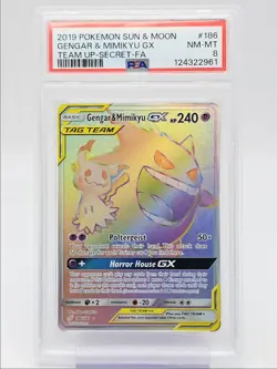 GENGAR & MIMIKYU GX 2019 POKEMON TEAM UP SECRET RARE 186/181 PSA 8 Q0465 - Image 1