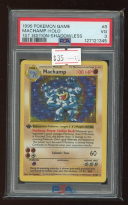 1999 Pokemon Base Set 1st Edition Machamp Shadowless Holo # 8/102 PSA 3 VG - Image 1