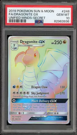 Pokemon Dragonite GX Unified Minds Secret Rare Full Art #248 PSA 10 Gem Mint - Image 1
