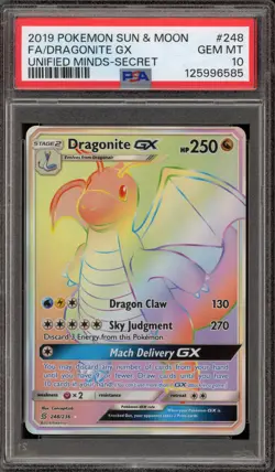 Pokemon Dragonite GX Unified Minds Secret Rare Full Art #248 PSA 10 Gem Mint - Image 1