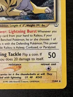 2000 Pokemon Card Vintage Neo Revelation Holo Rare Raikou Card 13/64 Wotc Lp(-) - Image 4