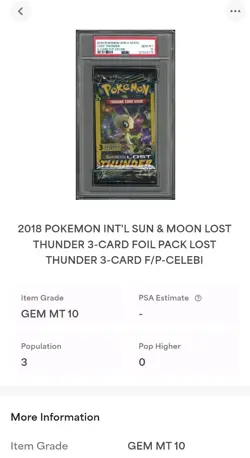 Pokemon Lost Thunder Celebi Artwork Sealed Booster Pack PSA 10 3 Card Mini Pack - Image 3
