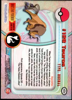 2000 Topps Pokemon TV Animation Edition Series 3 Holo Foil #128 Tauros - Image 2