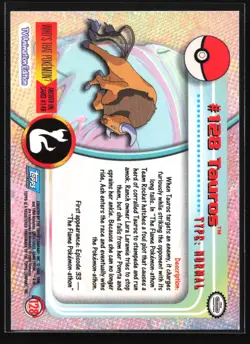 Pokemon Tauros #128 Topps TV Animation Series 3 Blue Logo Holo Foil - Image 2