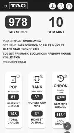 TAG 10 Umbreon Prismatic Promo. Ranked 3rd Highest Overall Score!! Pokemon Card - Image 2