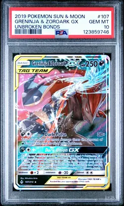2019 POKEMON SUN & MOON UNBROKEN BONDS #107 GRENINJA & ZOROARK GX PSA 10 - Image 1