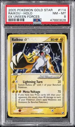 2005 POKEMON EX UNSEEN FORCES GOLD STAR #114 RAIKOU-HOLO PSA 8 - Image 1