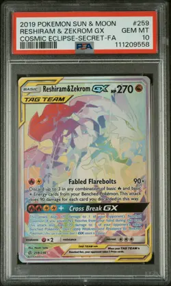 9558 Reshiram & Zekrom GX 2019 Pokemon Sun Moon Cosmic Eclipse #259 PSA 10 - Image 1