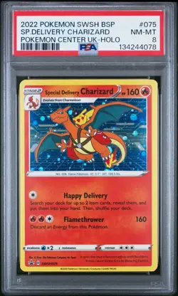 2022 POKEMON SWSH BLACK STAR PROMO #075 SPECIAL DELIVERY CHARIZARD-HOLO PSA 8 - Image 1