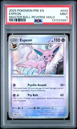 3981 Espeon 2025 Pokemon Prismatic Evolutions #33 Master Ball Reverse Holo PSA 9 - Image 1