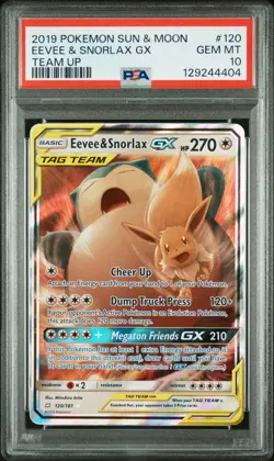 2019 POKEMON SUN & MOON TEAM UP #120 EEVEE & SNORLAX GX PSA 10 - Image 1