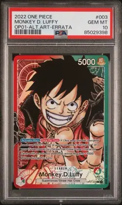 One Piece Card Monkey D. Luffy Alt Art OP01-003 L Romance Dawn PSA 10 - ERRATA - Image 1