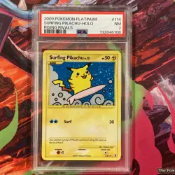 2009 POKEMON PLATINUM RISING RIVALS #114 SURFING PIKACHU-HOLO PSA 7 - Image 1