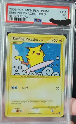 Pokemon 2009 Platinum Surfing Pikachu Holo Card 114/111 PSA 7 Rising Rivals - Image 1