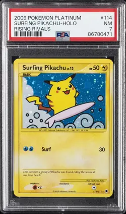 2009 POKEMON PLATINUM RISING RIVALS #114 SURFING PIKACHU-HOLO PSA 7 - Image 1