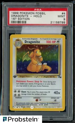 1999 Pokemon Fossil 1st Edition #4 Dragonite Holo PSA 9 MINT - Image 1