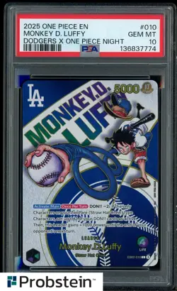 2025 One Piece EN Dodgers X One Piece Night #010 Monkey D. Luffy PSA 10 GEM MINT - Image 1