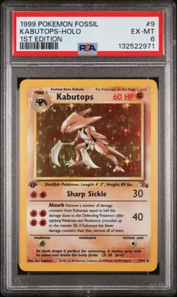 1999 POKEMON FOSSIL 1ST ED #9 KABUTOPS-HOLO PSA 6 - Image 1