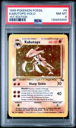 1999 POKEMON FOSSIL 1ST ED #9 KABUTOPS-HOLO PSA 8 - Image 1