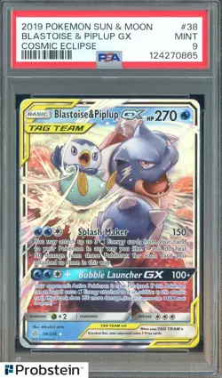 2019 Pokemon Sun & Moon Cosmic Eclipse #38 Blastoise & Piplup GX PSA 9 MINT - Image 1