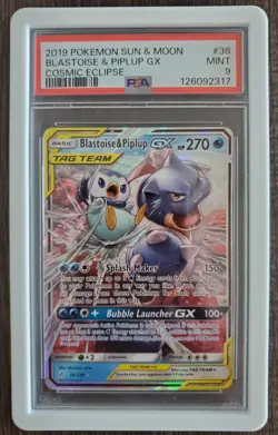 2019 Pokemon Sun & Moon Cosmic Eclipse Blastoise & Piplup GX #38 PSA 9 Mint - Image 1