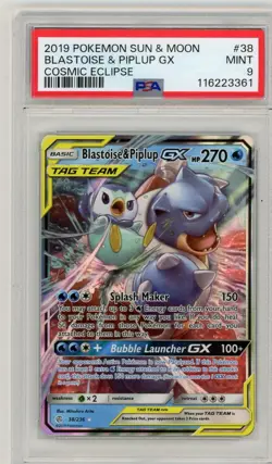 2019 Pokemon Sun & Moon Cosmic Eclipse Blastoise & Piplup GX #38 PSA 9 Mint - Image 1