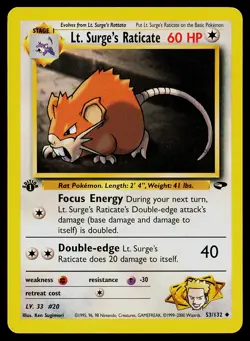 Pokemon Card Gym Challenge 53/132 Lt. Surge's Raticate 1st Edition Vintage - Image 1