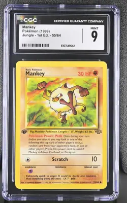 CGC MINT 9 Pokemon Mankey 55/64 1999 Jungle 1st Edition - Image 1