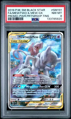 2019 POKEMON SM BLACK STAR PROMO #SM191 FULL ART/MEWTWO & MEW GX PSA 8 - Image 1