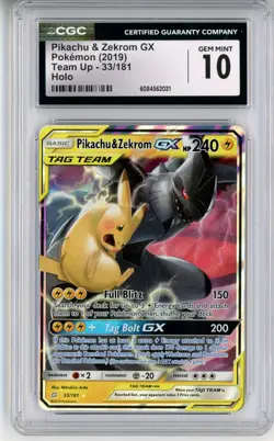 CGC GEM MINT 10 Pokemon TCG Pikachu & Zekrom GX 33/181 Sm-Team Up Holo (2019) - Image 1