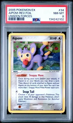 2005 POKEMON EX UNSEEN FORCES #34 AIPOM-REVERSE FOIL PSA 8 - Image 1